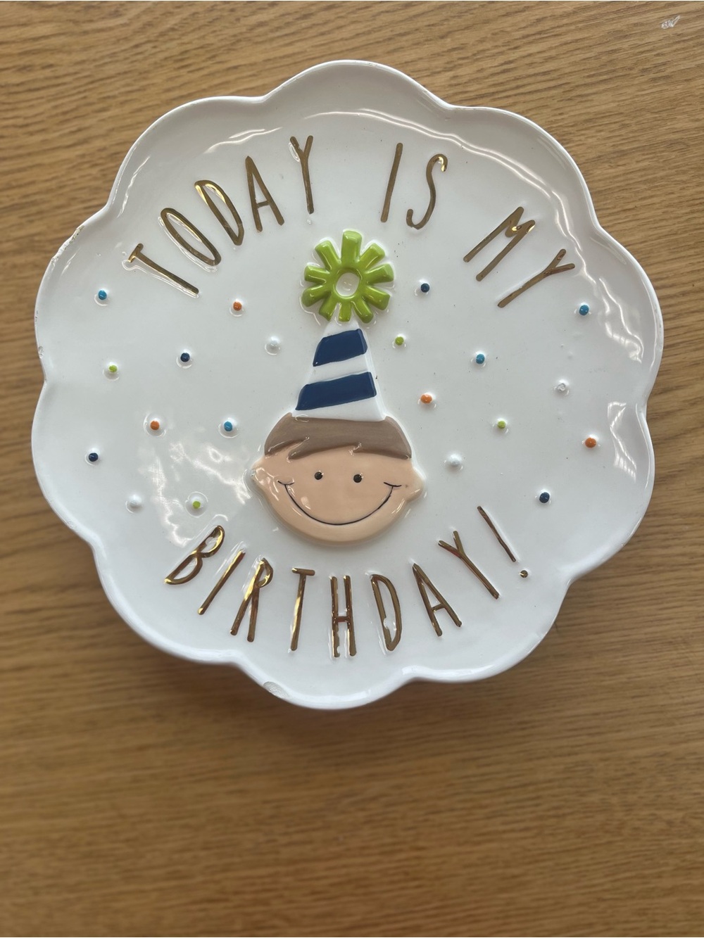 Mud Pie Birthday Dish — White Ceramic with Gold Lettering